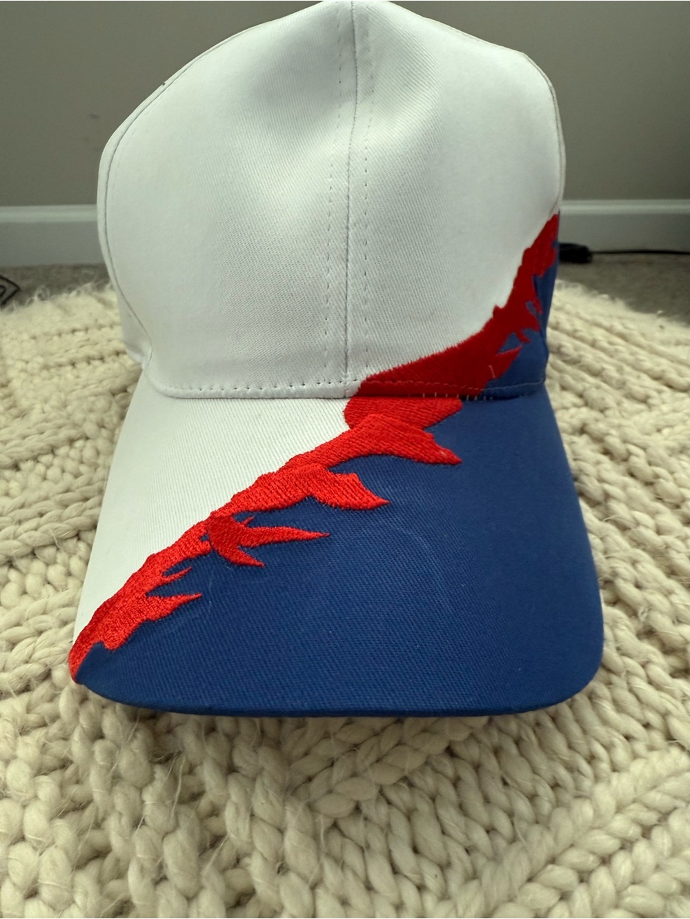 Vintage 90s Nissin Cap Red White Blue Abstract Embroidered Strapback Hat